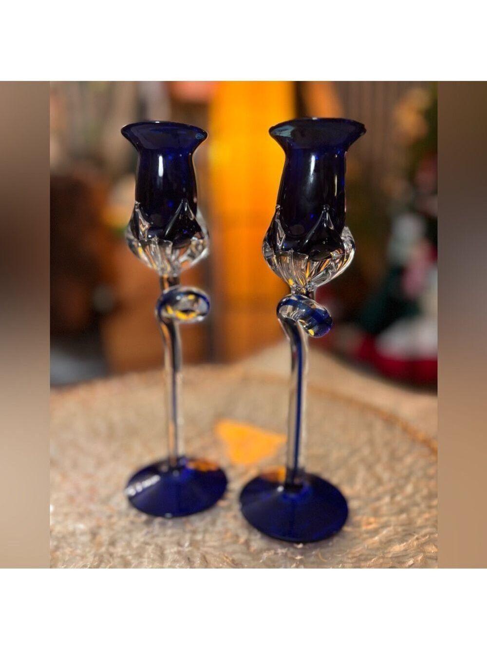 Vintage Hand-Blown Cobalt Blue Art Glass Candlesticks • Sculptural Spiral Stem